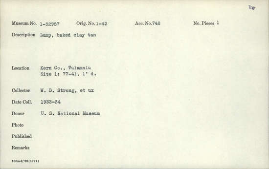 Documentation associated with Hearst Museum object titled Baked clay, accession number 1-52957, described as Lump, baked clay. Tan.