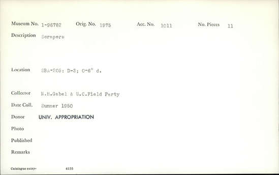 Documentation associated with Hearst Museum object titled Scrapers, accession number 1-96782, described as Scrapers.