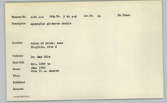 Documentation associated with Hearst Museum object titled Shell, accession number 4-98a, described as Spondylus pictorum shells