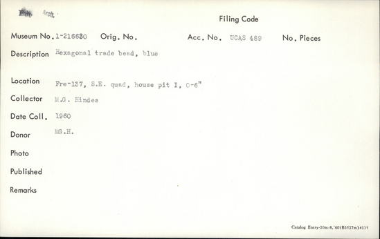 Documentation associated with Hearst Museum object titled Bead, accession number 1-216630, described as Hexagonal trade bead, blue.