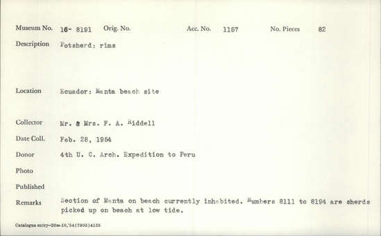 Documentation associated with Hearst Museum object titled Potsherd, accession number 16-8191, described as Potsherd: rims Section of Manta on beach currently inhabited. Numbers  8111 to 8194 are sherds picked up on beach at low tide.