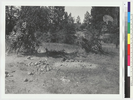 Hearst Museum object titled Black-and-white negative, accession number 15-2744, described as Leaching and cooking ground near the lake shore, east of the village, at Railroad Flat; looking westward