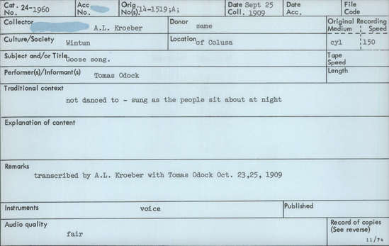 Documentation associated with Hearst Museum object titled Audio recording, accession number 24-1960, described as Goose Song