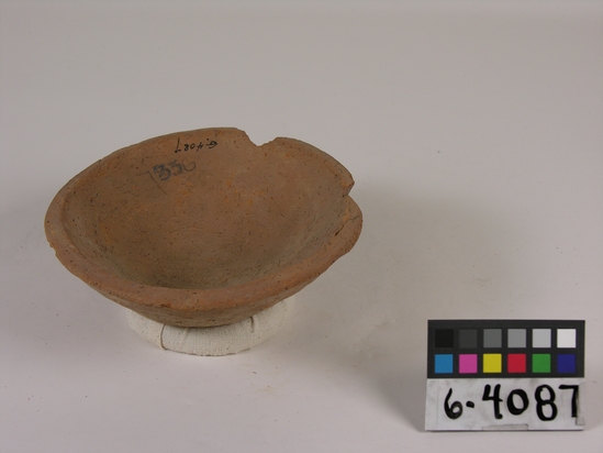 Hearst Museum object titled Broken bowl, accession number 6-4087, described as Pottery, rough bowl, rim broken; diameter 17 cm, height 6 cm