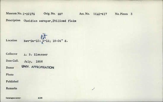 Documentation associated with Hearst Museum object titled Scraper, accession number 2-32175, described as Obsidian, utilized flake.