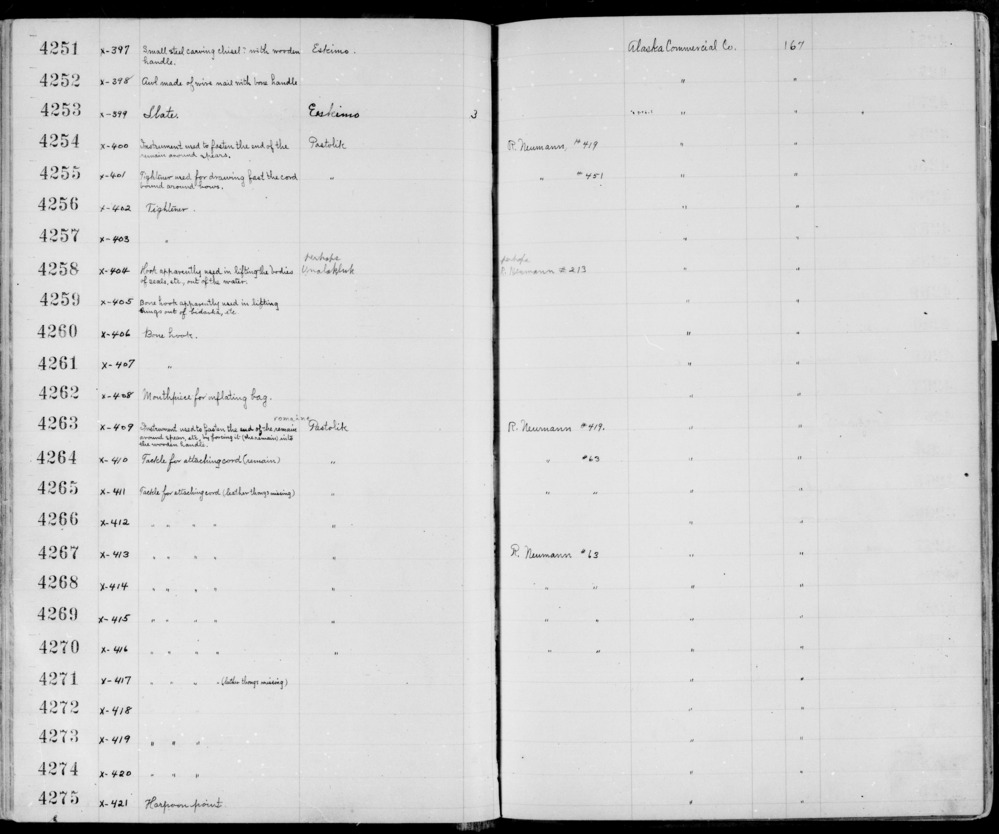 Documentation associated with Hearst Museum object titled Drag handle and cord, accession number 2-4270, described as Thong of sealskin through 2 ivory seal heads.