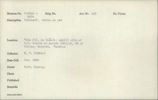 Documentation associated with Hearst Museum object titled Potsherd, accession number 3-9523, described as Potsherd: white on red.