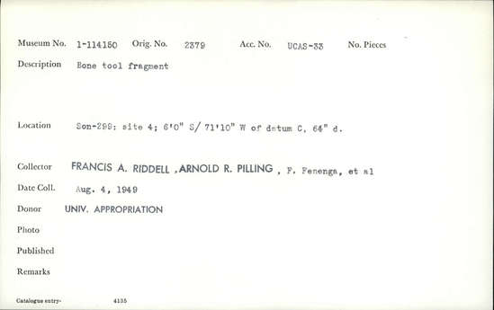 Documentation associated with Hearst Museum object titled Awl, accession number 1-114150, described as Bone.