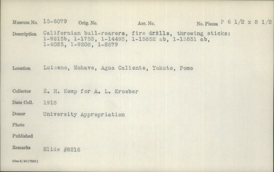 Documentation associated with Hearst Museum object titled Black-and-white negative, accession number 15-6079, described as Californian bull-roarers, fire drills, throwing sticks: 1-9215b, 1-1753, 1-14493, 1-13852 ab, 1-13851 ab, 1-4035, 1-9208, 1-2679