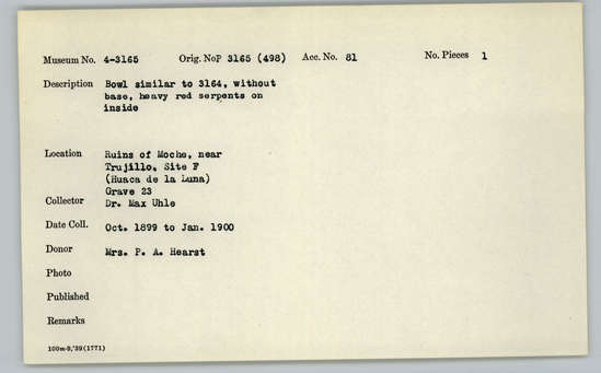 Documentation associated with Hearst Museum object titled Bowl, accession number 4-3165, described as Bowl similar to 3164, without base, heavy red serpents on inside