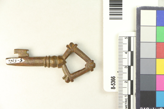 Hearst Museum object 1 of 4 titled Key, accession number 8-5366, described as Key, bronze, triangle-holed handle, 63 mm
