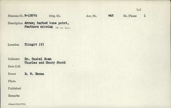 Documentation associated with Hearst Museum object titled Arrow, accession number 2-13572, described as Barbed bone point, feathers missing.