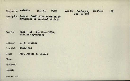 Documentation associated with Hearst Museum object titled Beads, accession number 6-14854, described as Blue beads - 5 barrel-shaped, 3 spherical, 5 tubular, 1 carved