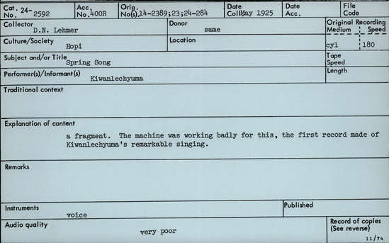 Documentation associated with Hearst Museum object titled Audio recording, accession number 24-2592, described as Spring Song