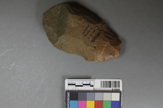 Hearst Museum object titled Handaxe, accession number 9-10420, described as Biface Elongated Ovate Round Bit