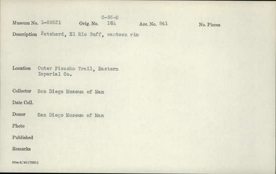 Documentation associated with Hearst Museum object titled Potsherd, accession number 1-66521, described as El Rio Buff, canteen rim.