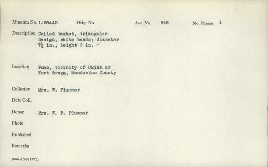 Documentation associated with Hearst Museum object titled Basket, accession number 1-28442, described as Coiled basket.  Triangular design, white beads.