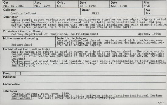 Documentation associated with Hearst Museum object titled Shawl, accession number 16-20069, no description available.