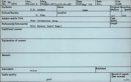 Documentation associated with Hearst Museum object titled Audio recording, accession number 24-2676, described as Bear Ceremonial Song