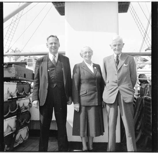 Hearst Museum object titled Black-and-white negative, accession number 15-31411, described as Black-and-white negative, NY-London, S.S. America, Bill (and 2 others) on shipboard, 1951