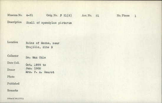 Documentation associated with Hearst Museum object titled Shell, accession number 4-21, described as Shell of Spondylus pictorum