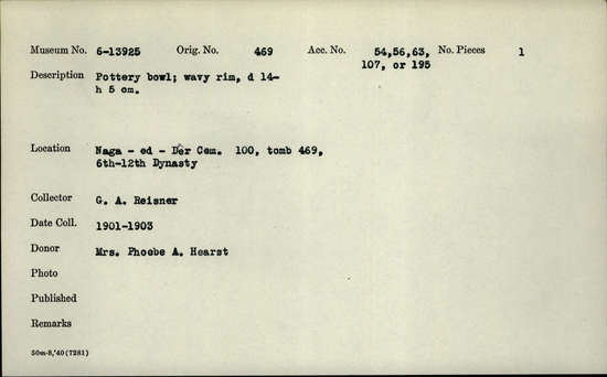 Documentation associated with Hearst Museum object titled Bowl, accession number 6-13925, described as pottery bowl; wavy rim, diameter 14- height 5 cm