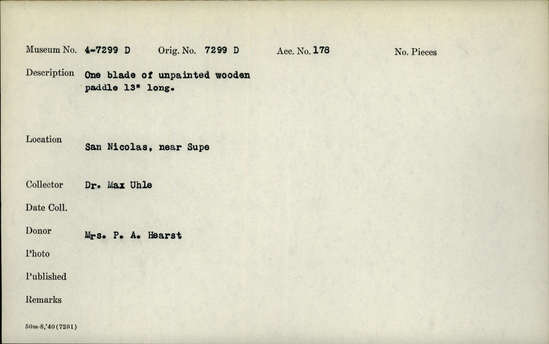 Documentation associated with Hearst Museum object titled Paddle, accession number 4-7299d, no description available.