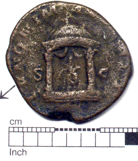 Hearst Museum object 5 of 8 titled Coin: æ sestertius, accession number 8-6009, described as Coin: Once sestertius (?); Æ; Trebonianus - 11.66 grams. Obverse: [IMP]CAESVIBIVS TREBONIANVS GALLVS AVG - Bust facing right, draped, laureate. Reverse: IVNONIMAR[TIALI], SC - Juno seated front in round distyle temple: at her side, peacock.