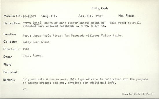 Documentation associated with Hearst Museum object titled Arrow, accession number 16-11577, no description available.