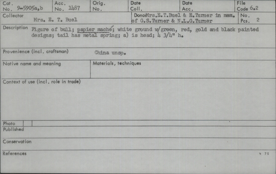 Documentation associated with Hearst Museum object titled Doll head, dragon, paper mache & metal & clay, accession number 9-5905a,b, described as Figure of  bull; papier mache; white ground with green, red, gold and black painted designs; tail has metal spring; a) is head, 4 3/4 inches high.