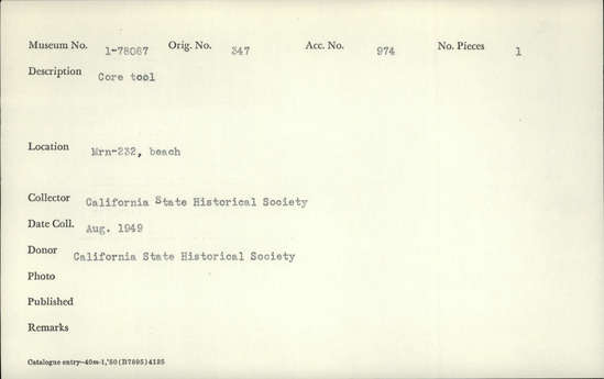 Documentation associated with Hearst Museum object titled Worked stone, accession number 1-78087, described as Core. Notice: Image restricted due to its potentially sensitive nature. Contact Museum to request access.