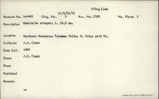 Documentation associated with Hearst Museum object titled Scraper, accession number 5-5495, described as Quartzite scraper; L. 15.5 cm