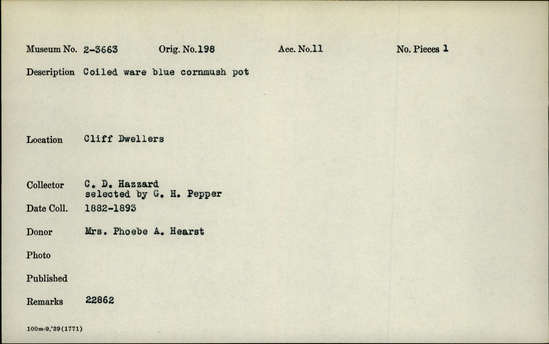 Documentation associated with Hearst Museum object titled Pot, accession number 2-3663, described as Coiled ware blue cornmush pot.