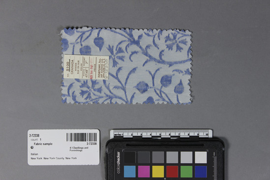 Hearst Museum object titled Fabric sample, accession number 2-72338, described as 100% long staple cotton sample, no. 5100, Granada design, blue on blue color, Fortuny Inc.