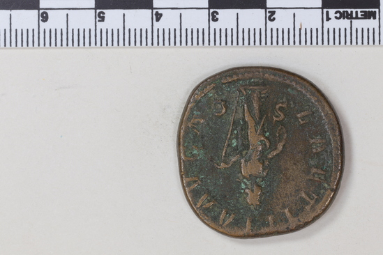 Hearst Museum object 6 of 8 titled Coin: æ sestertius, accession number 8-6128, described as Coin: Sestertius; Æ; Gordianus. Pius - 24.06 grams. Obverse: IMP GORDIANVS PIVS FEL AVG - Bust facing right laureate, draped. Reverse: LAETITIA AVG N, SC - Laetitia standing facing left holding wreath and anchor.