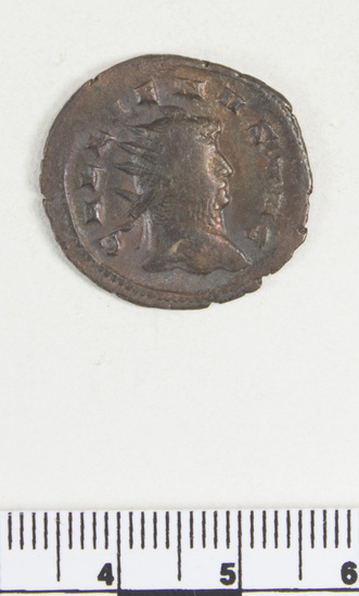 Hearst Museum object 3 of 8 titled Coin: æ, accession number 8-6163, described as Coin: Æ (AR?); Gallienus - 2.67 grams. Obverse: GALLIENVS AVG - Bust facing right, radiate, cuirassed. Reverse: IND V LG AVG - Spes walking facing left holding flowers and raising robe.