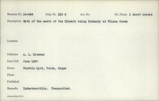 Documentation associated with Hearst Museum object titled Wax cylinder recording, accession number 14-648.1, described as Myth of the mouth of the Klamath being formerly at Wilson Creek Original