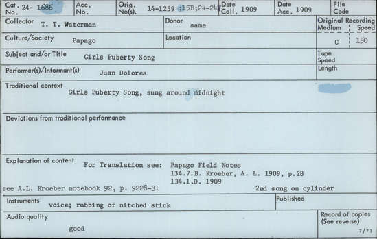 Documentation associated with Hearst Museum object titled Audio recording, accession number 24-1686, described as Girls' Puberty Song