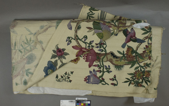 Hearst Museum object titled Textile, accession number 2-62642, described as Yardage; cotton, plain weave, printed, cream ground, varicolored designs, floral, foliage, and bird motives