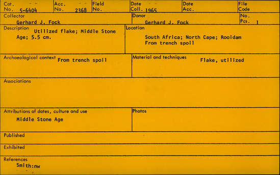 Documentation associated with Hearst Museum object titled Flake, accession number 5-6404, described as Utilized flake; Middle Stone Age; L. 5.5cm.