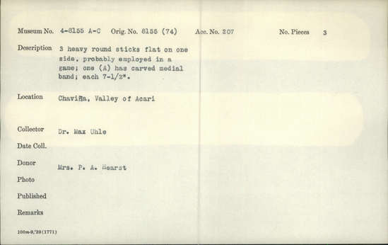 Documentation associated with Hearst Museum object titled Potsherd, accession number 16-8155, described as Potsherd; body, ridge forms Section of Manta on beach currently inhabited. Numbers  8111 to 8194 are sherds picked up on beach at low tide.