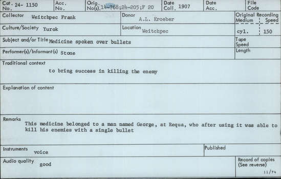 Documentation associated with Hearst Museum object titled Audio recording, accession number 24-1150, described as Medicine spoken over bullets to bring success in killing an enemy