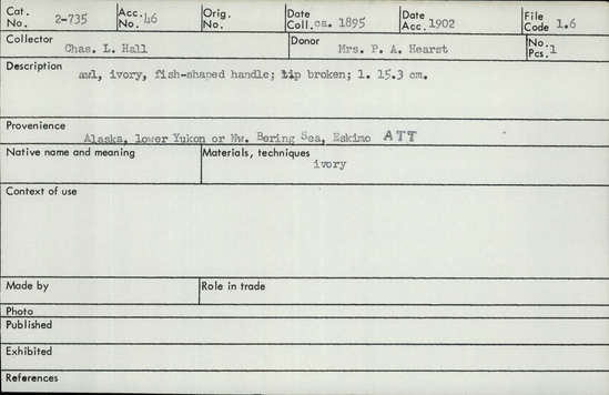 Documentation associated with Hearst Museum object titled Awl, accession number 2-735, described as Ivory, fish-shaped handle, tip broken.