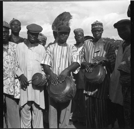 Hearst Museum object titled Black-and-white negative, accession number 15-31205, described as Black-and-white negative, Nigeria, Ekiti, Prenure drum and 2 gangan, 1951