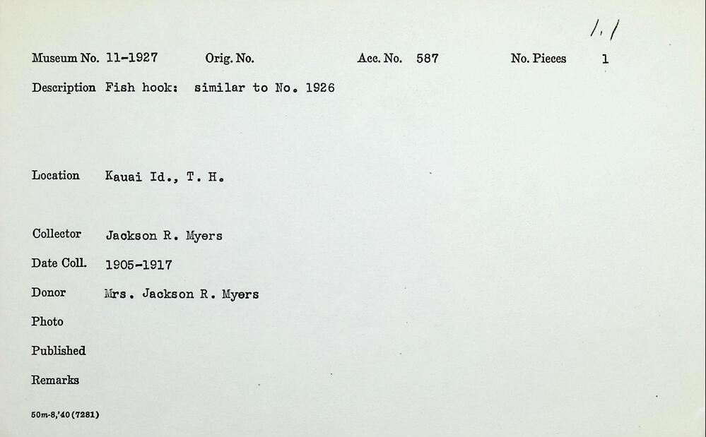 Hearst Museum object titled Makau (fishhook), accession number 11-1927, described as Similar to Cat. No. 11-1926: Mother-of-pearl. With bone barb, black fiber attachment, and attached string.